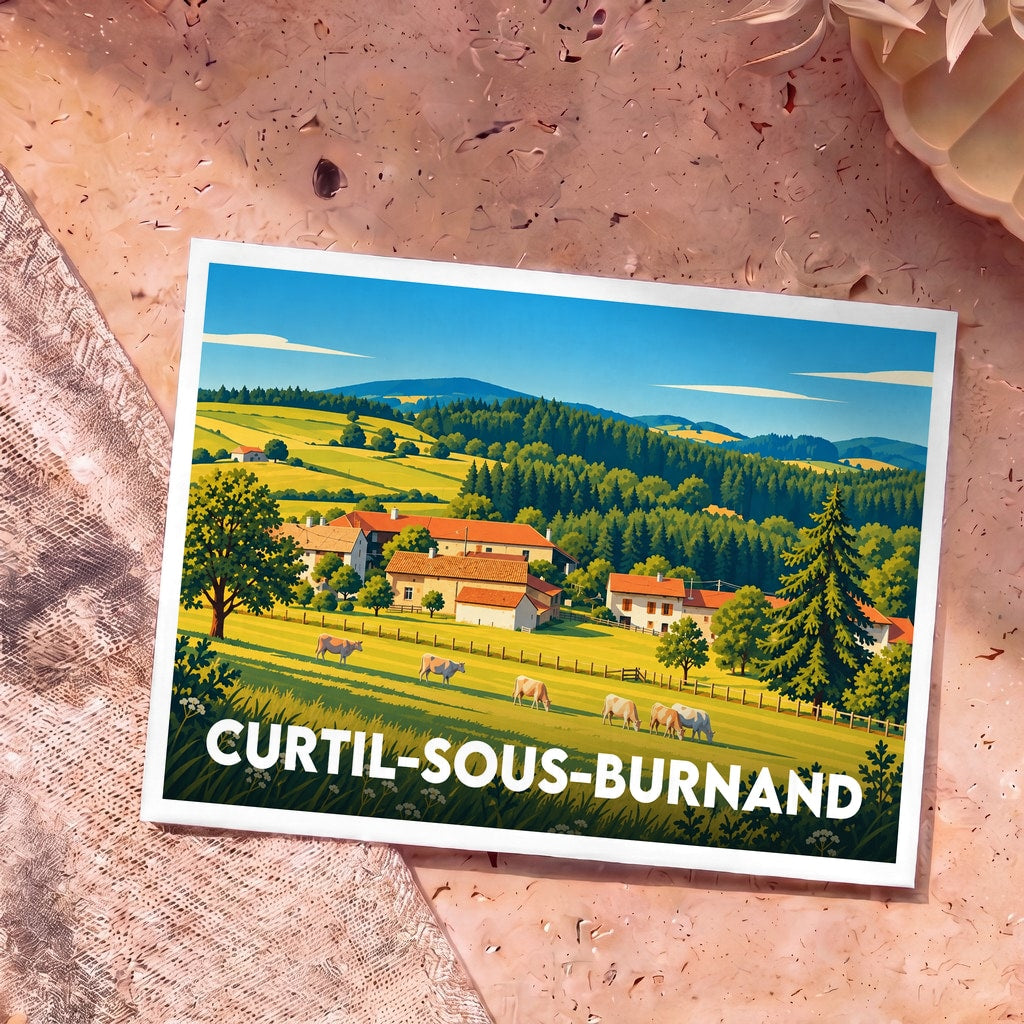 Carte postale souvenir de Curtil-sous-Burnand illustrant un paysage rural vallonné avec des fermes et des vaches.