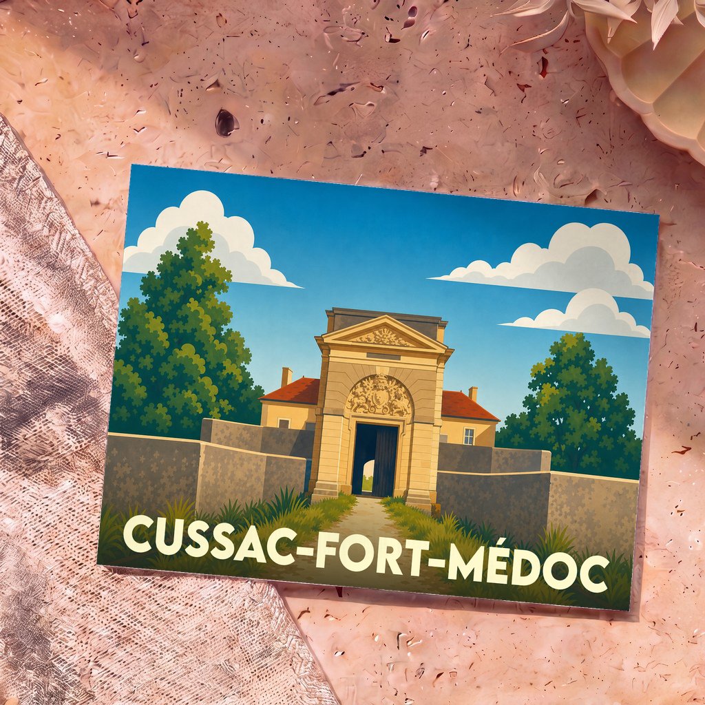 Carte postale souvenir de Cussac-Fort-Médoc illustrant l'entrée monumentale du fort avec un style graphique épuré.