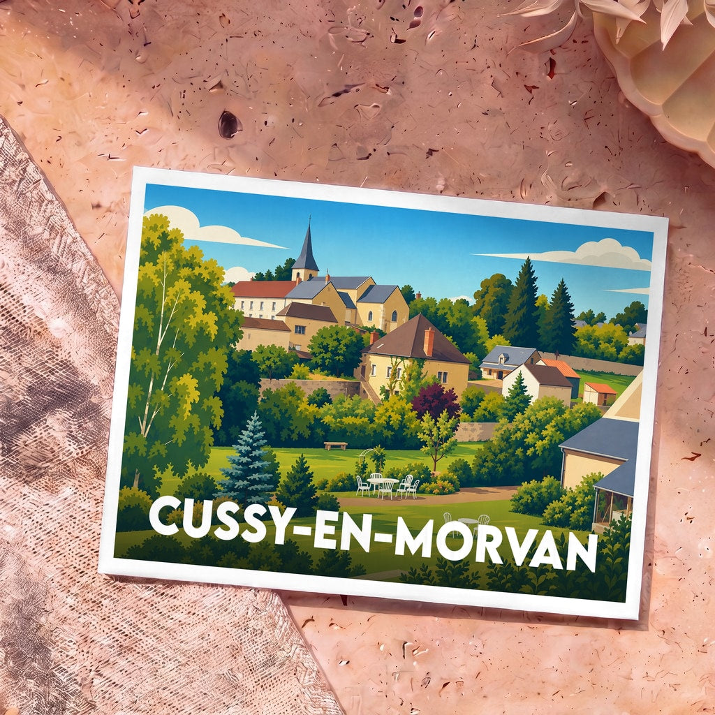 Carte postale souvenir de la ville de Cussy-en-Morvan avec une illustration stylisée.