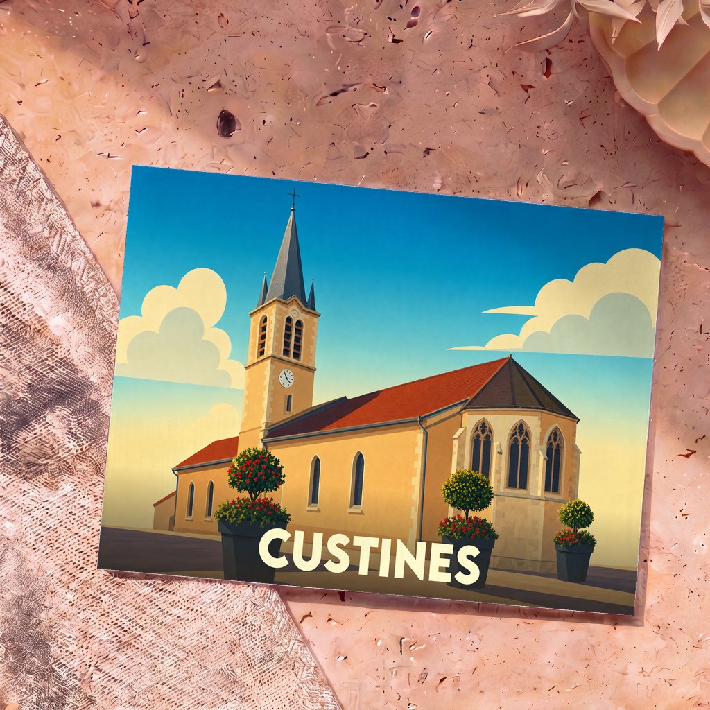 Carte postale souvenir de la ville de Custines arborant une illustration stylisée de son église sous un ciel azur.