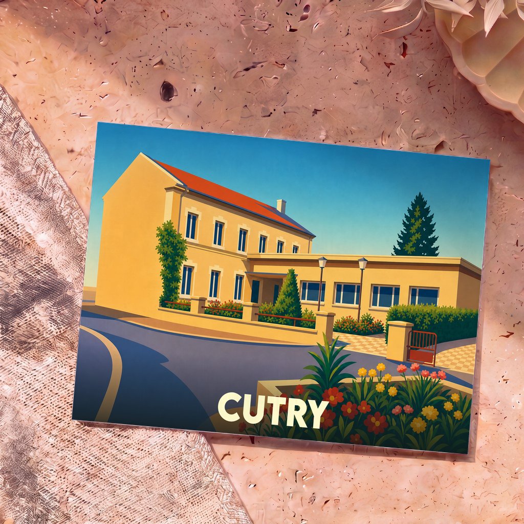 Carte postale souvenir de la ville de Cutry présentant une illustration colorée et stylisée de son architecture.