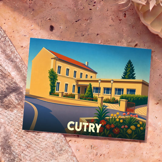 Carte postale souvenir de la ville de Cutry présentant une illustration colorée et stylisée de son architecture.