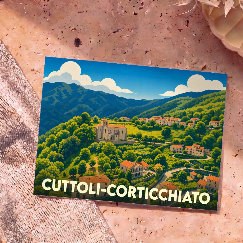 Carte postale souvenir de Cuttoli-Corticchiato présentant une illustration stylisée et colorée du village niché dans les montagnes corses.
