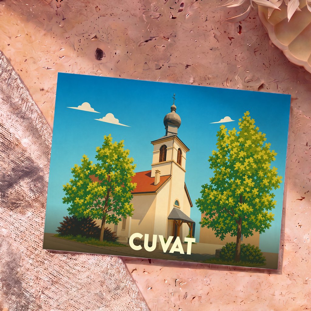 Carte postale souvenir de la ville de Cuvat avec une illustration stylisée de son église.