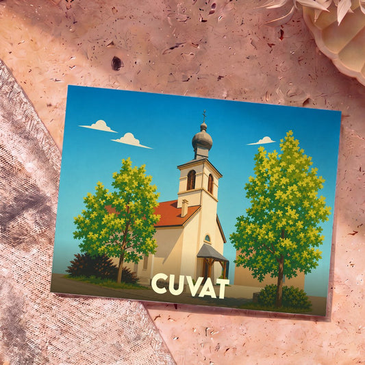 Carte postale souvenir de la ville de Cuvat avec une illustration stylisée de son église.