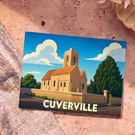 Carte postale souvenir de la ville de Cuverville avec une illustration stylisée de son église sous un ciel nuageux.