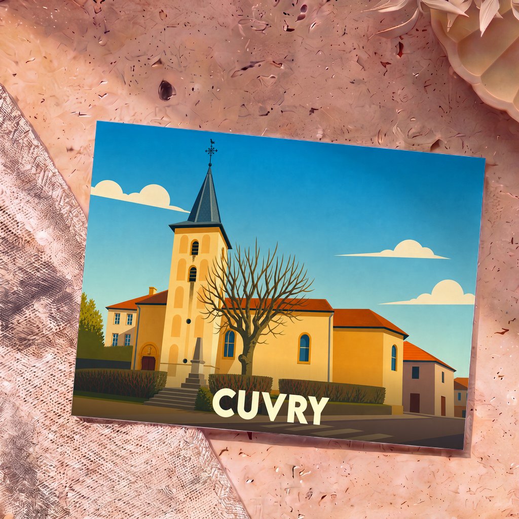 Carte postale souvenir de la ville de Cuvry avec une illustration stylisée de son église.