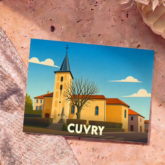 Carte postale souvenir de la ville de Cuvry avec une illustration stylisée de son église.