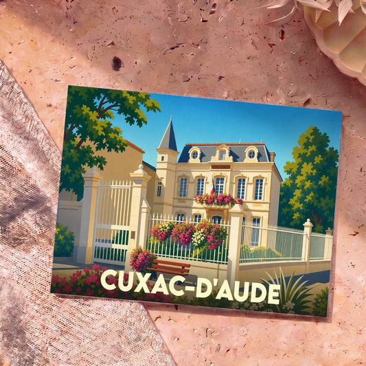 Carte postale souvenir de la ville de Cuxac-d'Aude avec une illustration stylisée d'une demeure bourgeoise fleurie.
