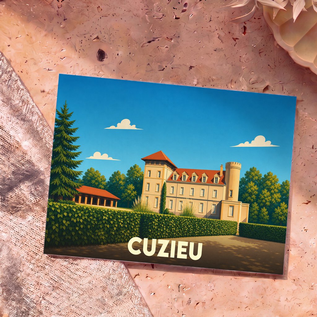 Carte postale souvenir de la ville de Cuzieu illustrant son château dans un style graphique épuré.