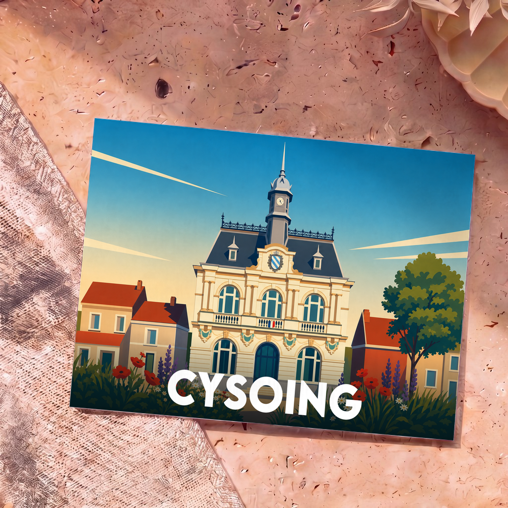 Carte postale souvenir de la ville de Cysoing avec une illustration stylisée de son hôtel de ville.