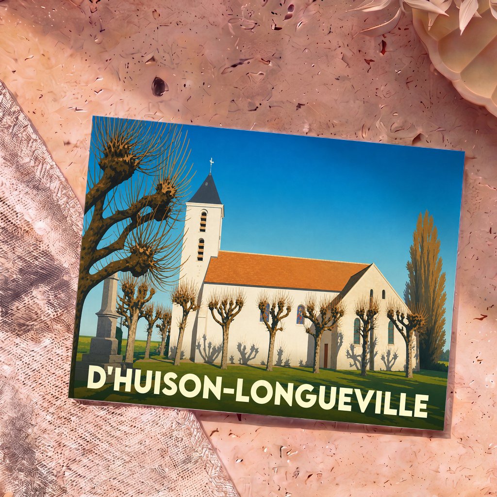 Carte postale souvenir de la commune de D'Huison-Longueville avec une illustration stylisée de son église.