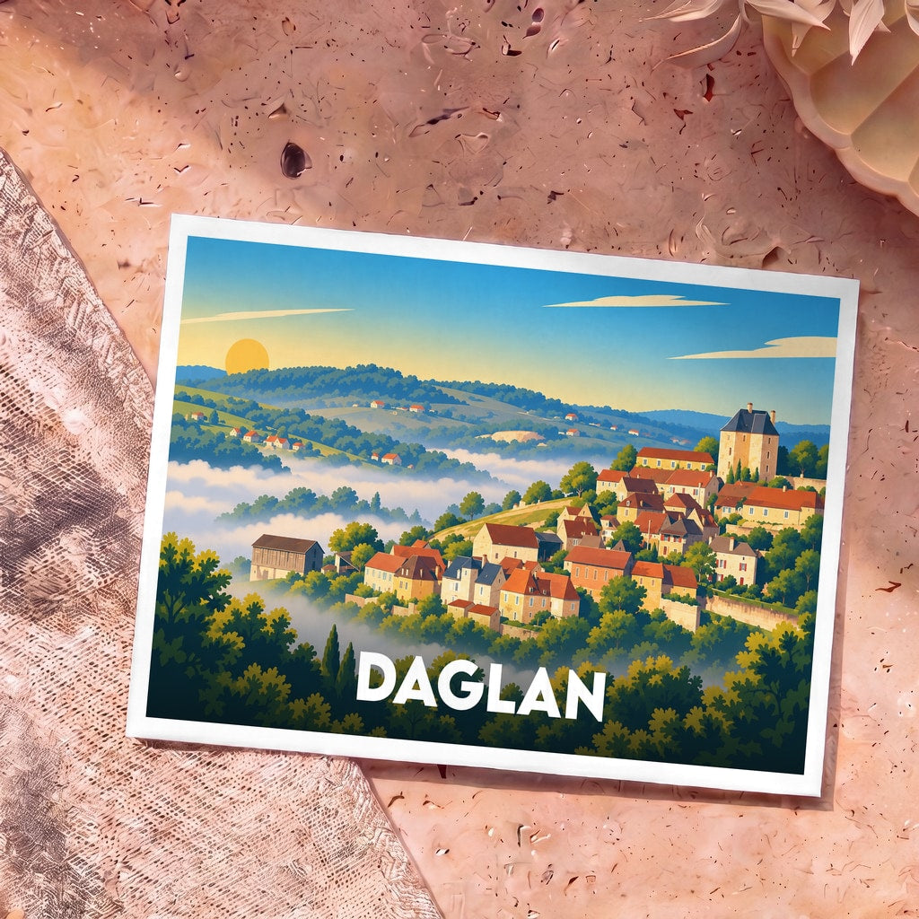 Carte postale souvenir de la ville de Daglan avec une illustration stylisée d'un village niché dans des collines verdoyantes et brumeuses.