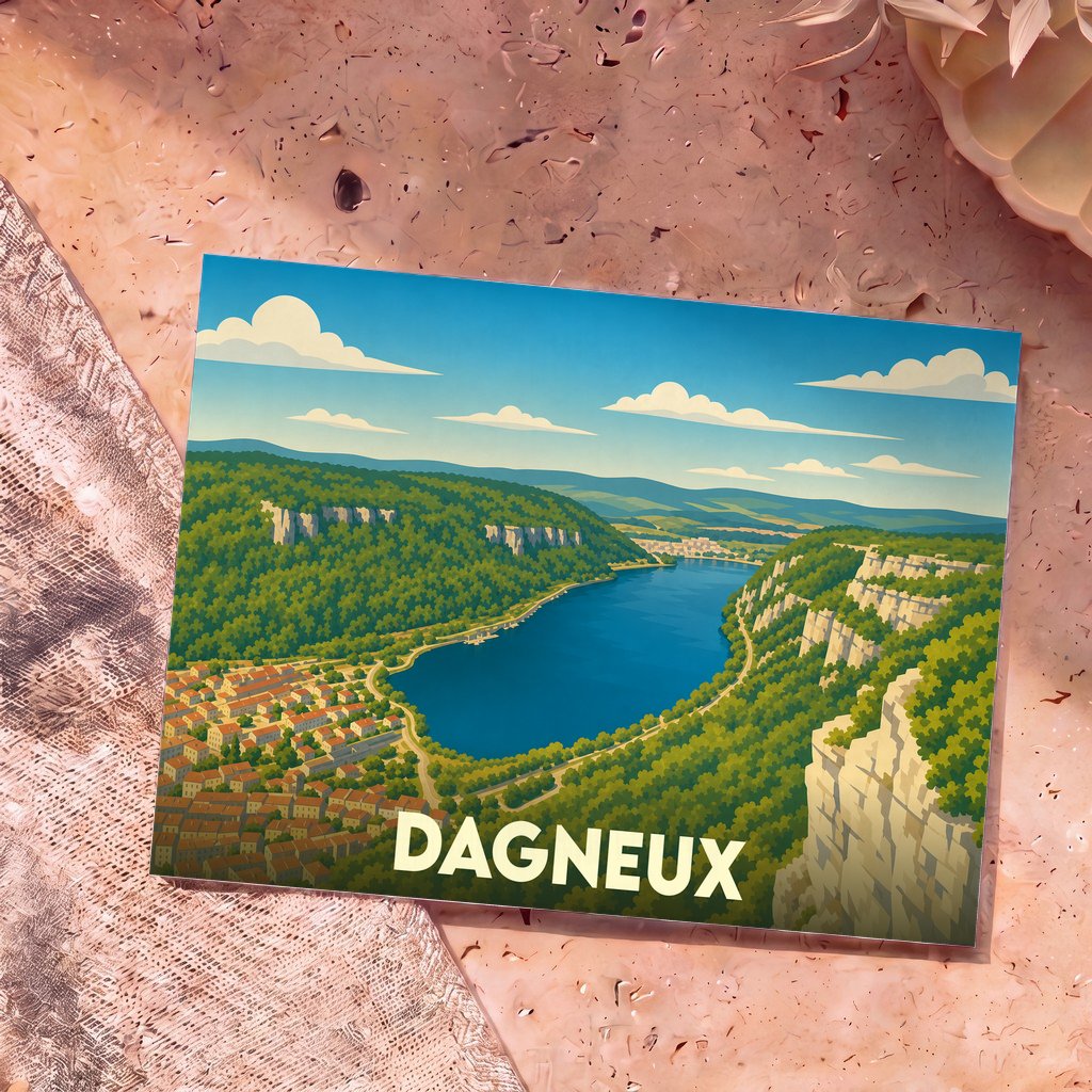 Carte postale souvenir de la ville de Dagneux avec une illustration stylisée d'un paysage de lac et de falaises boisées.