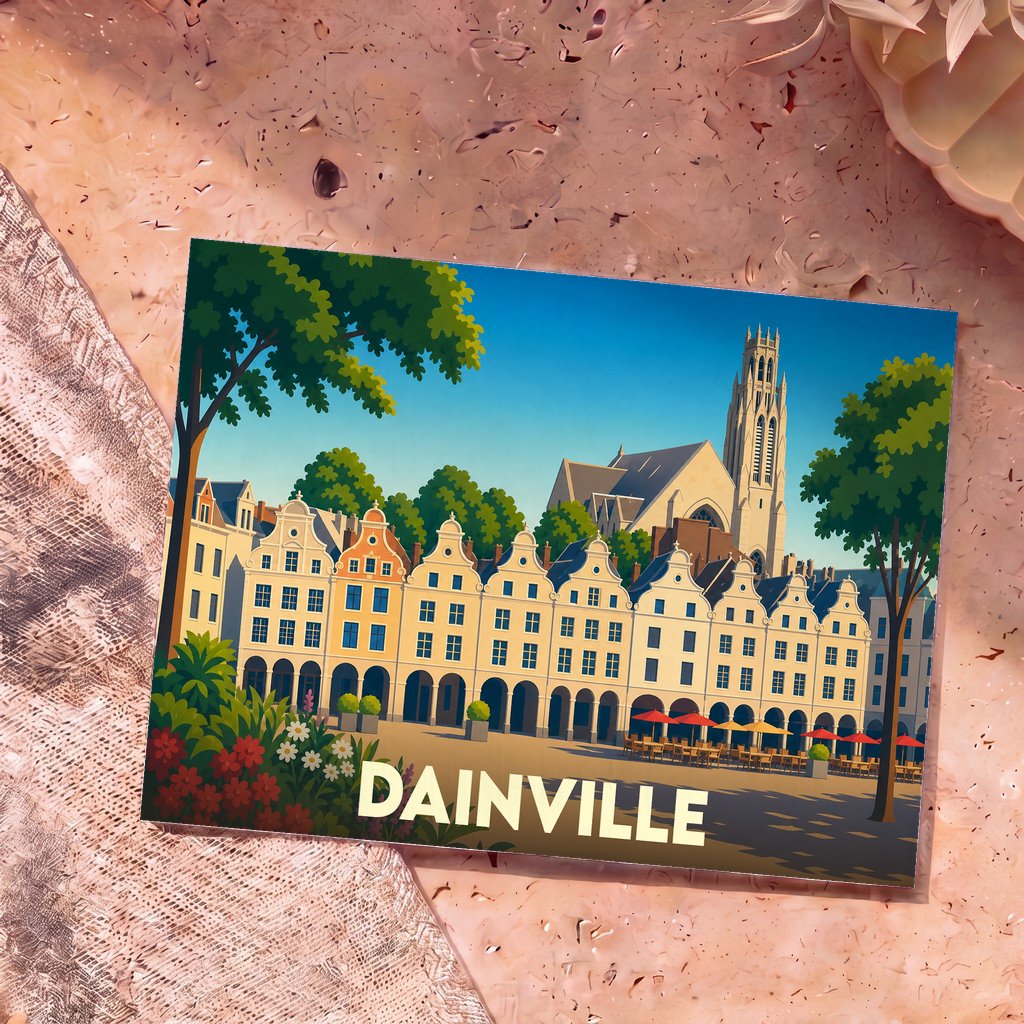 Carte postale souvenir de la ville de Dainville illustrant son architecture traditionnelle dans un style graphique et coloré.