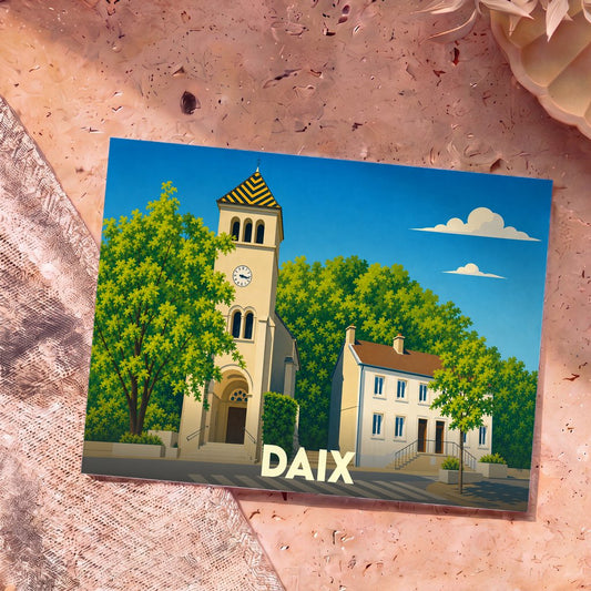 Carte postale souvenir de la ville de Daix illustrant son église et ses maisons dans un style épuré et coloré.