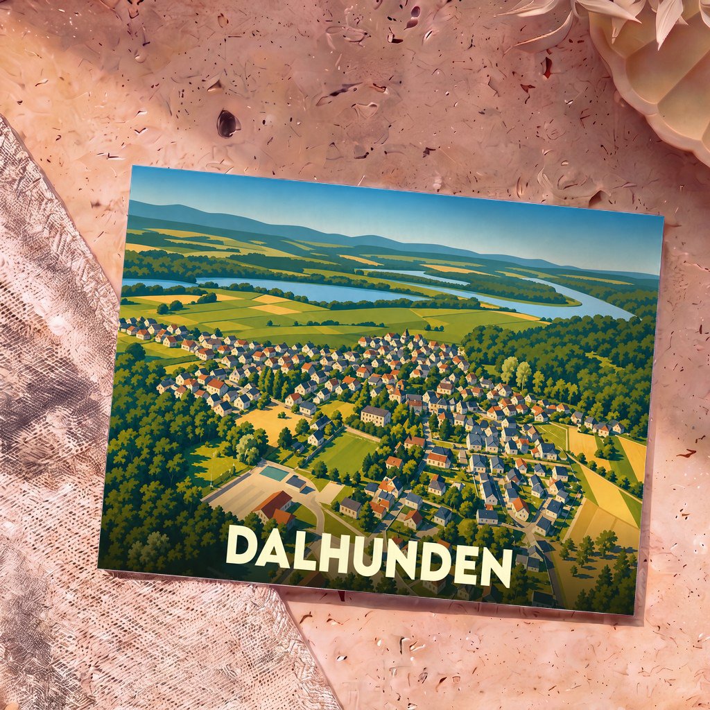 Carte postale souvenir de la ville de Dalhunden avec une illustration stylisée vue du ciel.