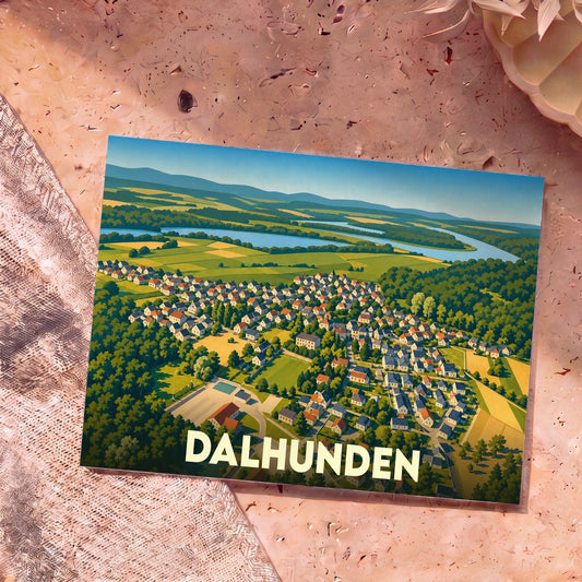Carte postale souvenir de la ville de Dalhunden avec une illustration stylisée vue du ciel.