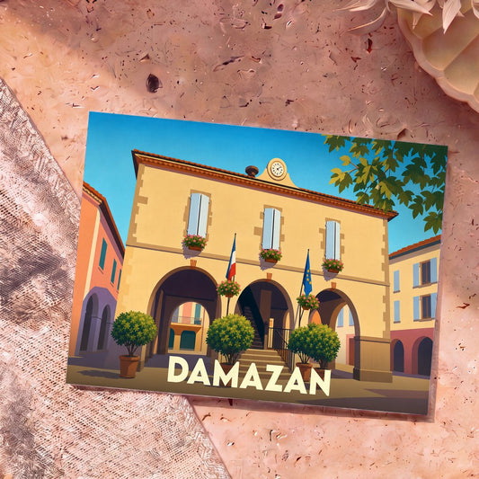 Carte postale souvenir de la ville de Damazan illustrant sa mairie à arcades dans un style graphique épuré.