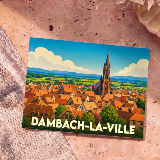 Carte postale souvenir de Dambach-la-Ville présentant une illustration stylisée et colorée des toits de la commune et de son église.