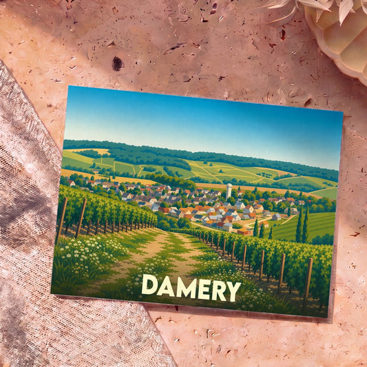 Carte postale souvenir de la ville de Damery illustrant un paysage de vignobles et de village avec un style graphique épuré.