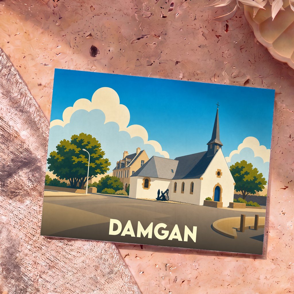 Carte postale souvenir de la ville de Damgan avec une illustration stylisée de son église et de son bord de mer.