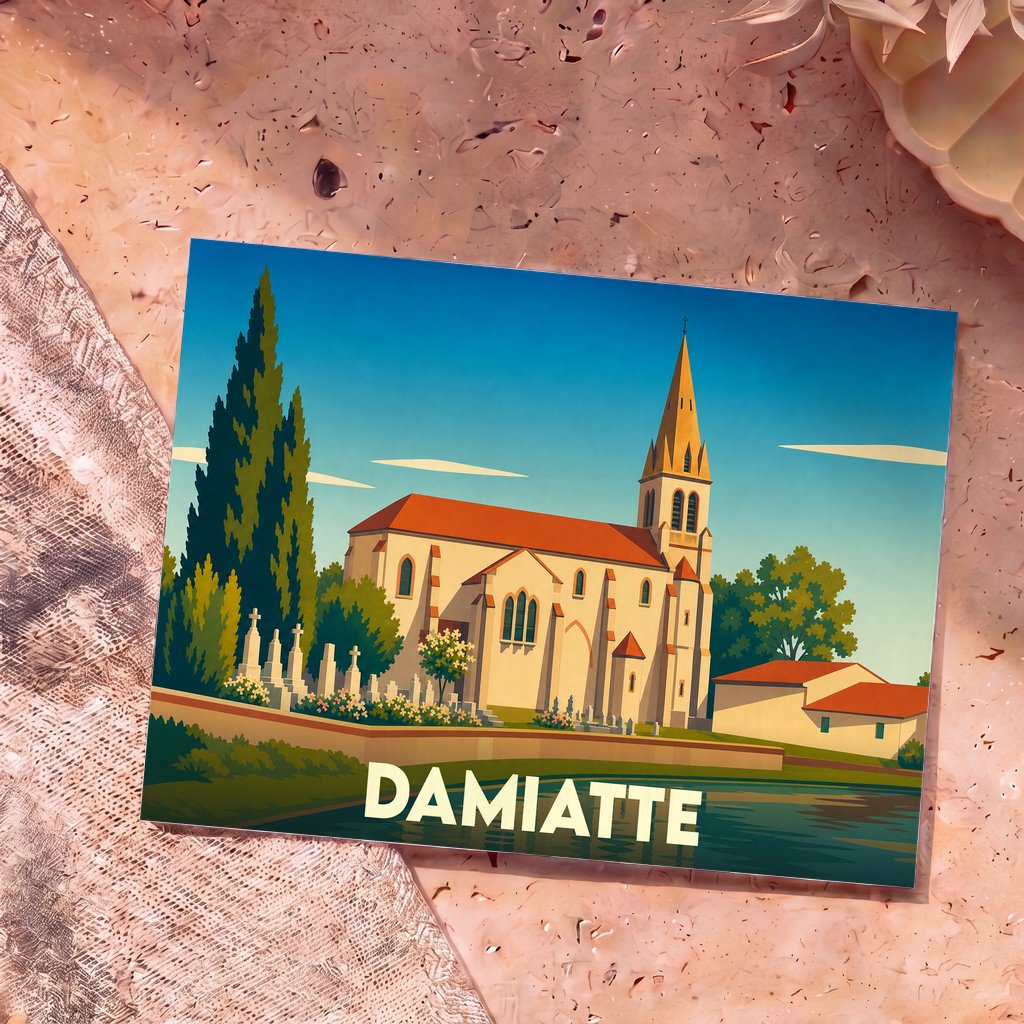 Carte postale souvenir de la ville de Damiatte avec une illustration stylisée de son église et de son cimetière.