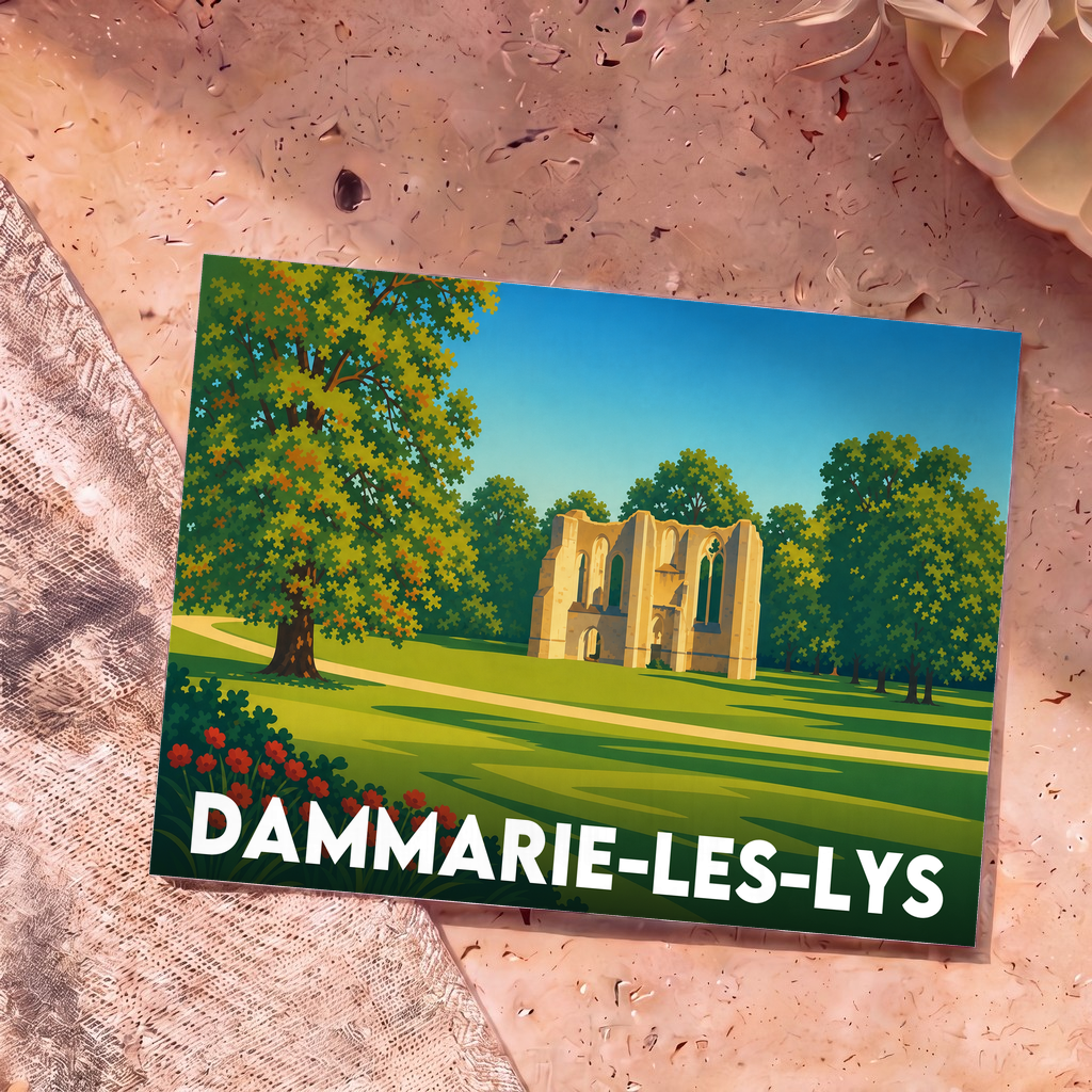 Carte postale souvenir de la ville de Dammarie-les-Lys avec une illustration stylisée de l'abbaye du Lys.