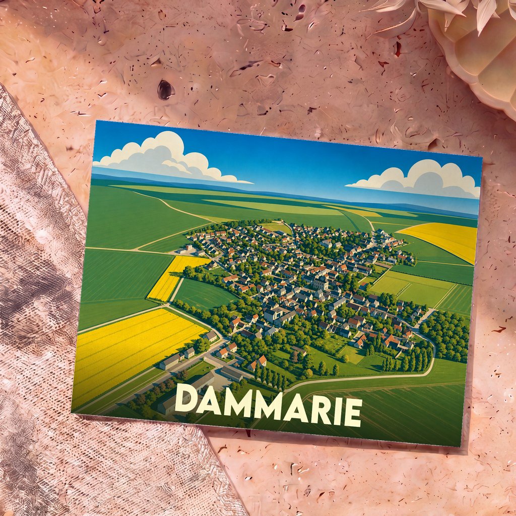 Carte postale souvenir de la ville de Dammarie avec une illustration stylisée vue du ciel.