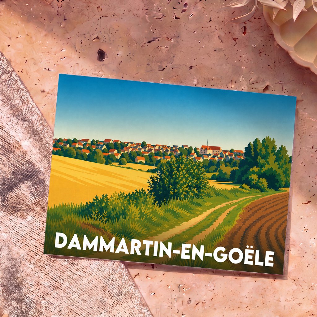 Carte postale souvenir de la ville de Dammartin-en-Goële avec une illustration de paysage rural stylisée.