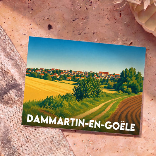 Carte postale souvenir de la ville de Dammartin-en-Goële avec une illustration de paysage rural stylisée.