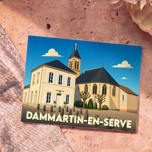 Carte postale souvenir de la ville de Dammartin-en-Serve avec une illustration stylisée de sa mairie et de son église.