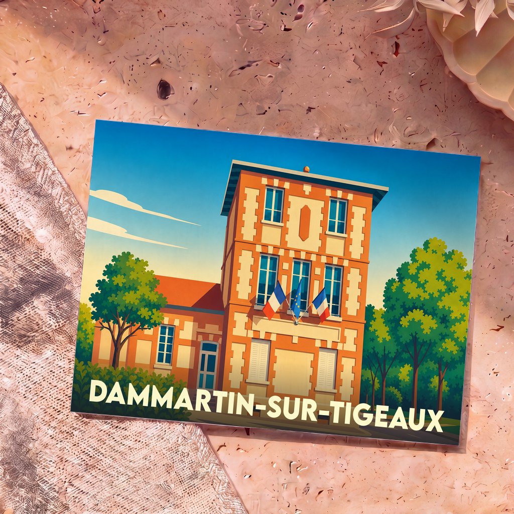 Carte postale souvenir de la ville de Dammartin-sur-Tigeaux avec une illustration stylisée de sa mairie.