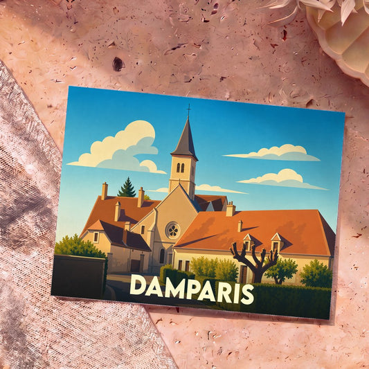 Carte postale souvenir de la ville de Damparis avec une illustration stylisée d'une église et de maisons aux toits orangés.