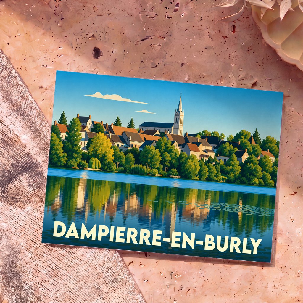 Carte postale souvenir de Dampierre-en-Burly arborant une illustration stylisée du village se reflétant dans l'eau.