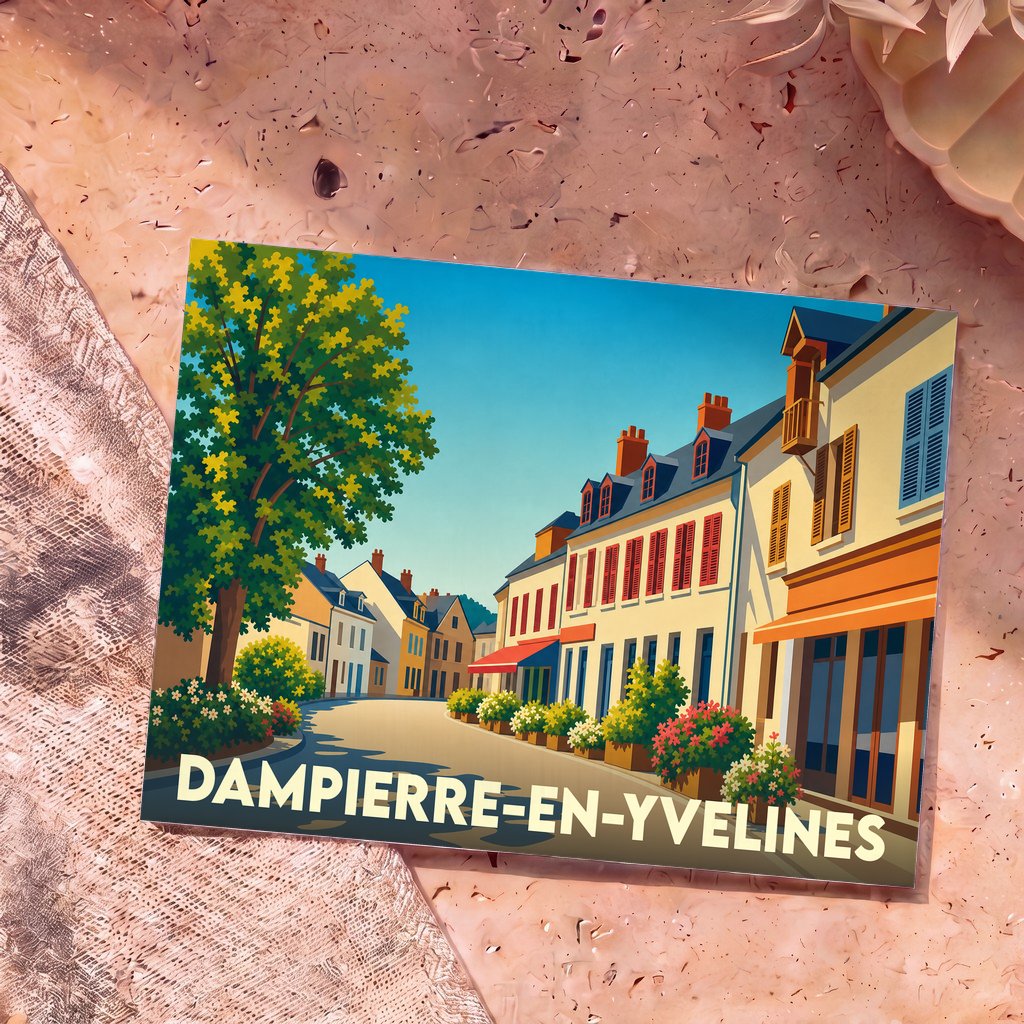 Carte postale souvenir de la ville de Dampierre-en-Yvelines illustrant une rue pittoresque avec des maisons fleuries sous un ciel bleu.