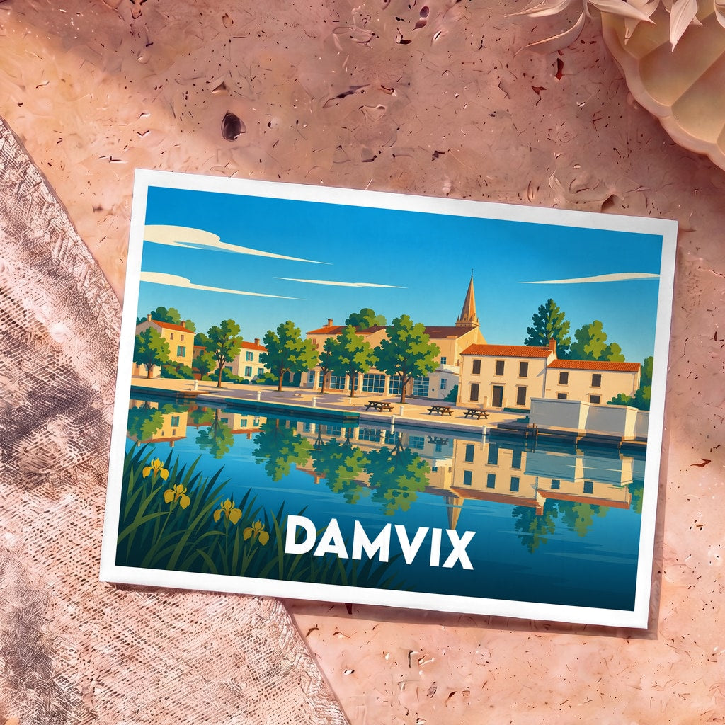 Carte postale souvenir de la ville de Damvix avec une illustration stylisée des bords de la Sèvre Niortaise.