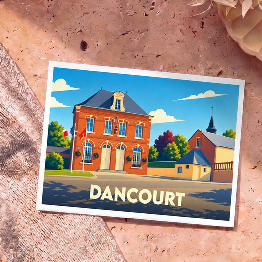 Carte postale souvenir de la ville de Dancourt avec une illustration stylisée de sa mairie.