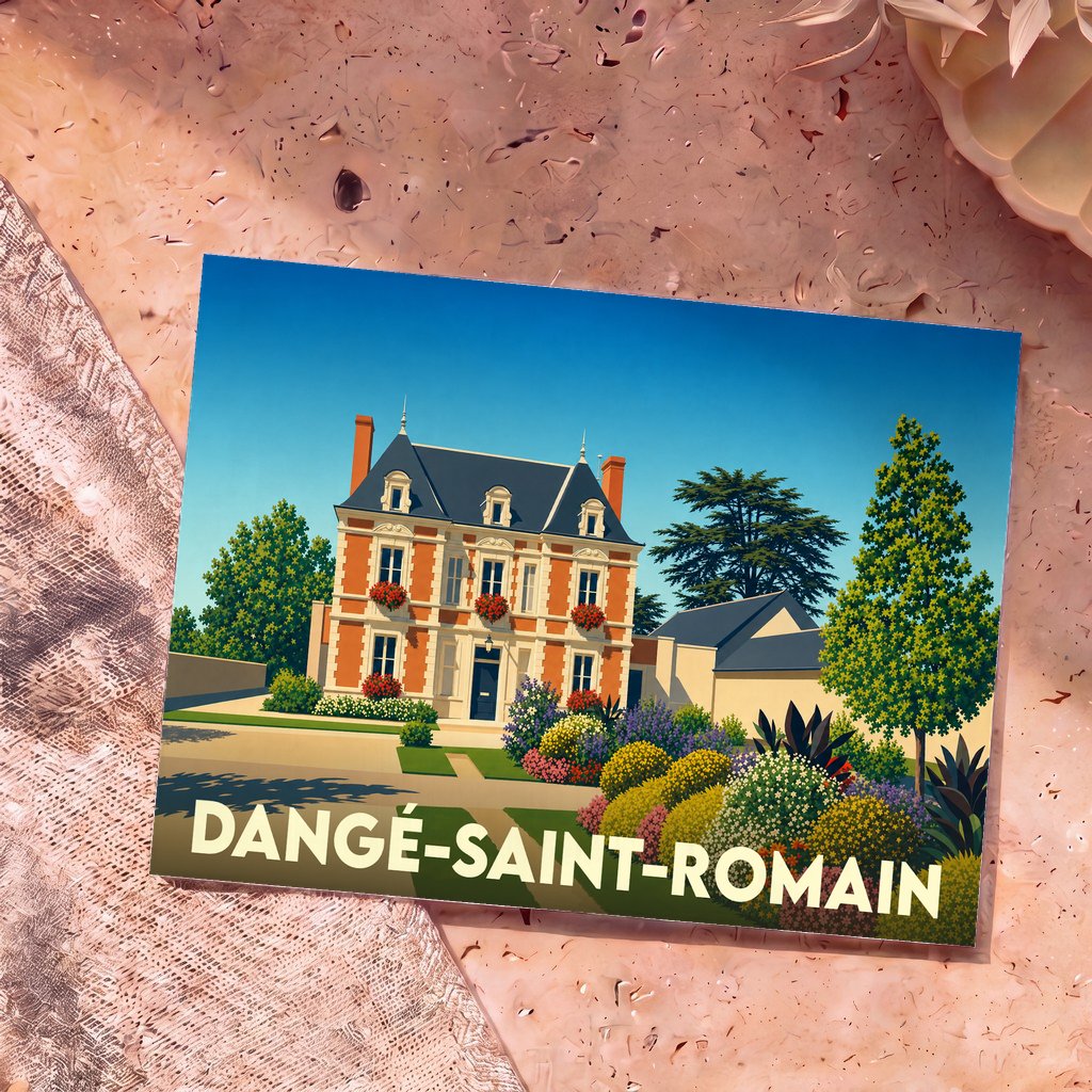 Carte postale souvenir de la ville de Dangé-Saint-Romain illustrant une élégante demeure bourgeoise fleurie.