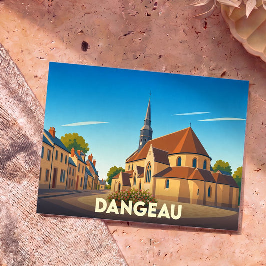 Carte postale souvenir de la ville de Dangeau avec une illustration stylisée d'une église et de maisons pittoresques.