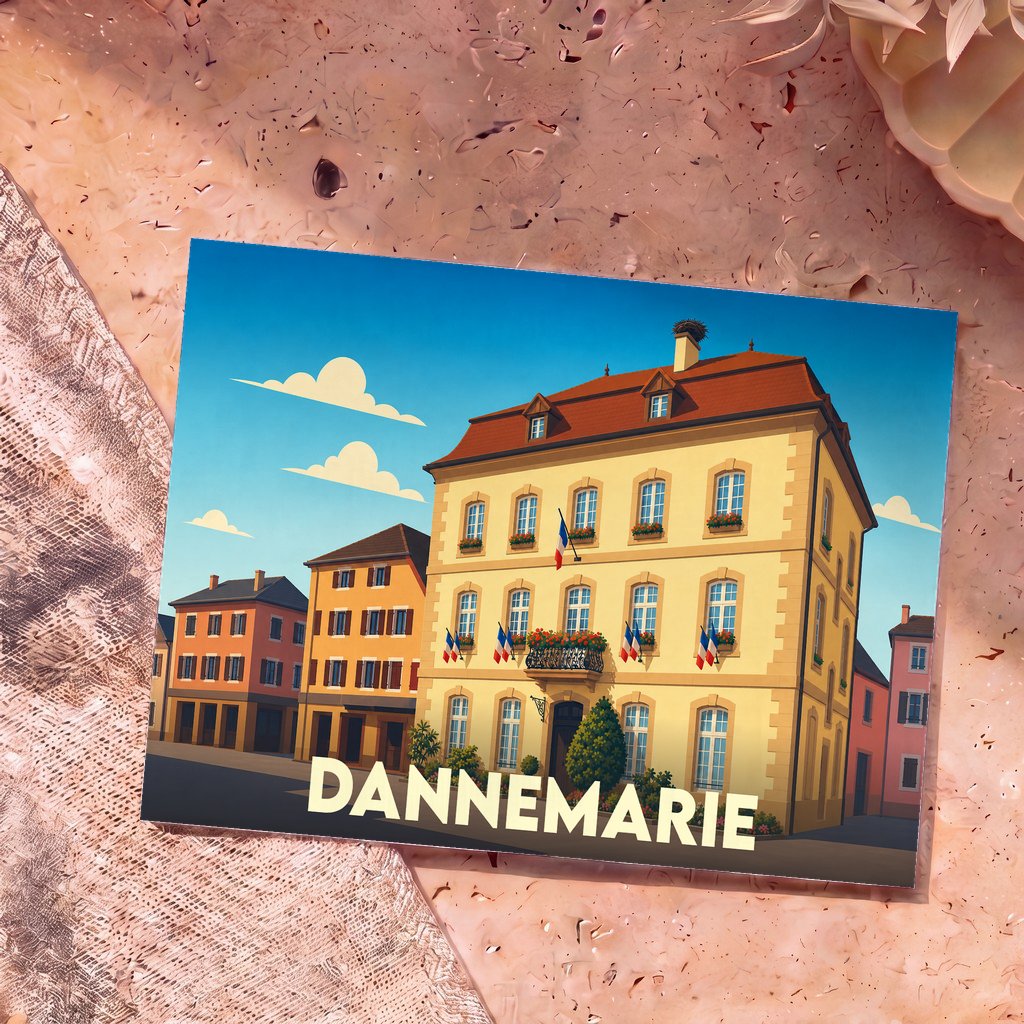 Carte postale souvenir de la ville de Dannemarie illustrant l'hôtel de ville dans un style graphique épuré.