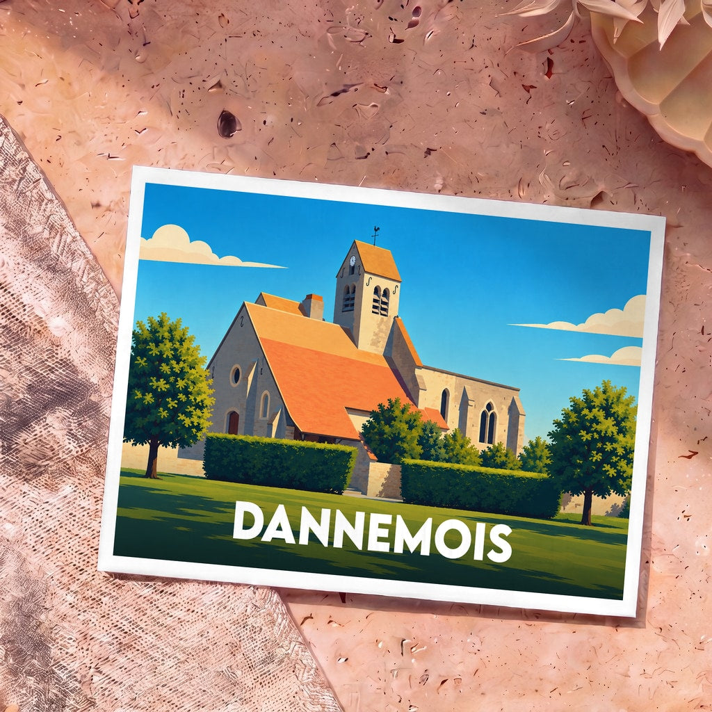Carte postale souvenir de la ville de Dannemois avec une illustration stylisée de son église sous un ciel bleu.