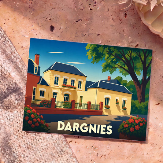 Carte postale souvenir de la ville de Dargnies avec une illustration stylisée d'une grande maison de maître.