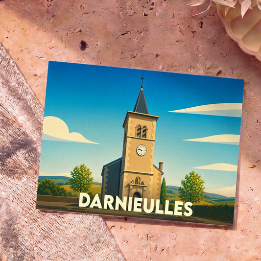 Carte postale souvenir de la ville de Darnieulles illustrant son église dans un style graphique épuré.