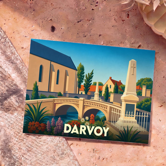 Carte postale souvenir de la ville de Darvoy présentant une illustration stylisée d'un pont et de son église.