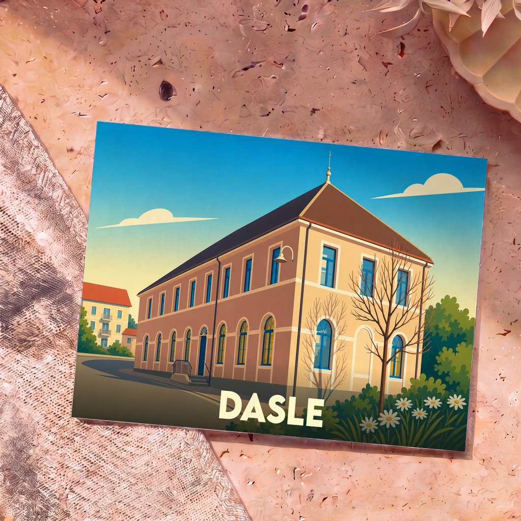 Carte postale souvenir de la ville de Dasle présentant une illustration stylisée d'un bâtiment historique.