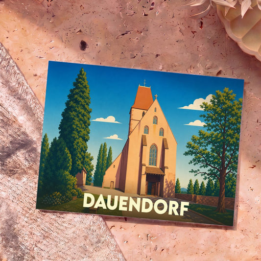 Carte postale souvenir de la ville de Dauendorf avec une illustration stylisée de son église sous un ciel bleu.