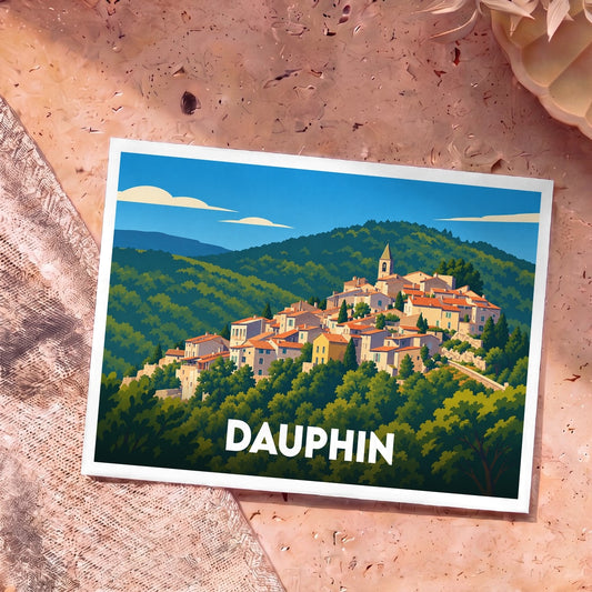 Carte postale souvenir de la ville de Dauphin avec une illustration stylisée d'un village perché.