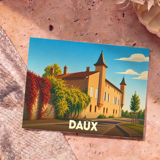 Carte postale souvenir de la ville de Daux avec une illustration stylisée de son château sous un ciel azur.