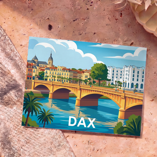 Carte postale souvenir de la ville de Dax avec une illustration stylisée d'un pont enjambant un fleuve.